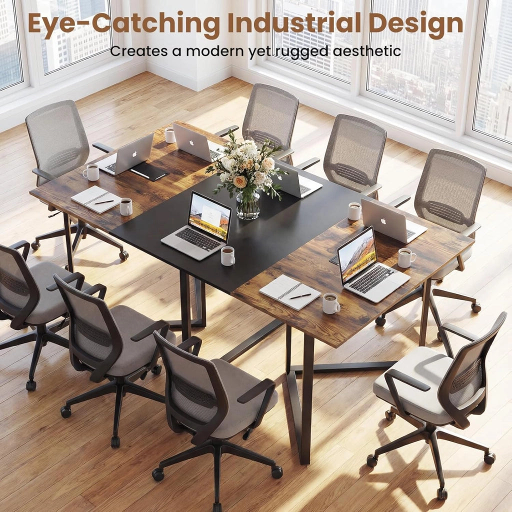 Tavolo da Conferenza 180 cm per 6-8 Persone, Tavolo Riunione Rettangolare con 2 Passacavi, Struttura Metallica, Portata 120 kg, Stile Industriale, per Sala Riunioni, Ufficio