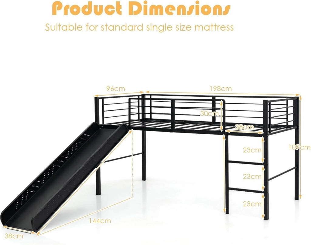 Letto a Soppalco per Bambini con Scivolo E Protezione Anticaduta e Scaletta, Struttura Letto in Metallo 96x198x109cm, Letto a Castello con Rete a Doghe, Fino a 150 kg (Nero)