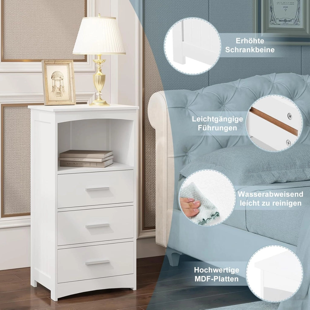 Mobile da Bagno Autoportante 3 Cassetti, Cassettiera con 1 Piano e 1 Scomparto a Giorno, Maniglie Argentate, per Ingresso, Soggiorno, Camera da Letto, in MDF, 40x26,5x80cm, Bianco
