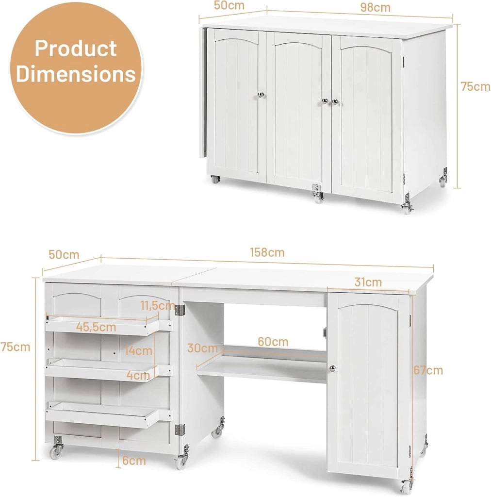 2 in 1 Mobiletto Cucito, Tavolo Cucire Pieghevole, con 4 Ruote, Armadio Versatile in Legno, per Salone/Salotto/Ufficio, Carico di 55kg, 158,5x50x74cm (Bianco)