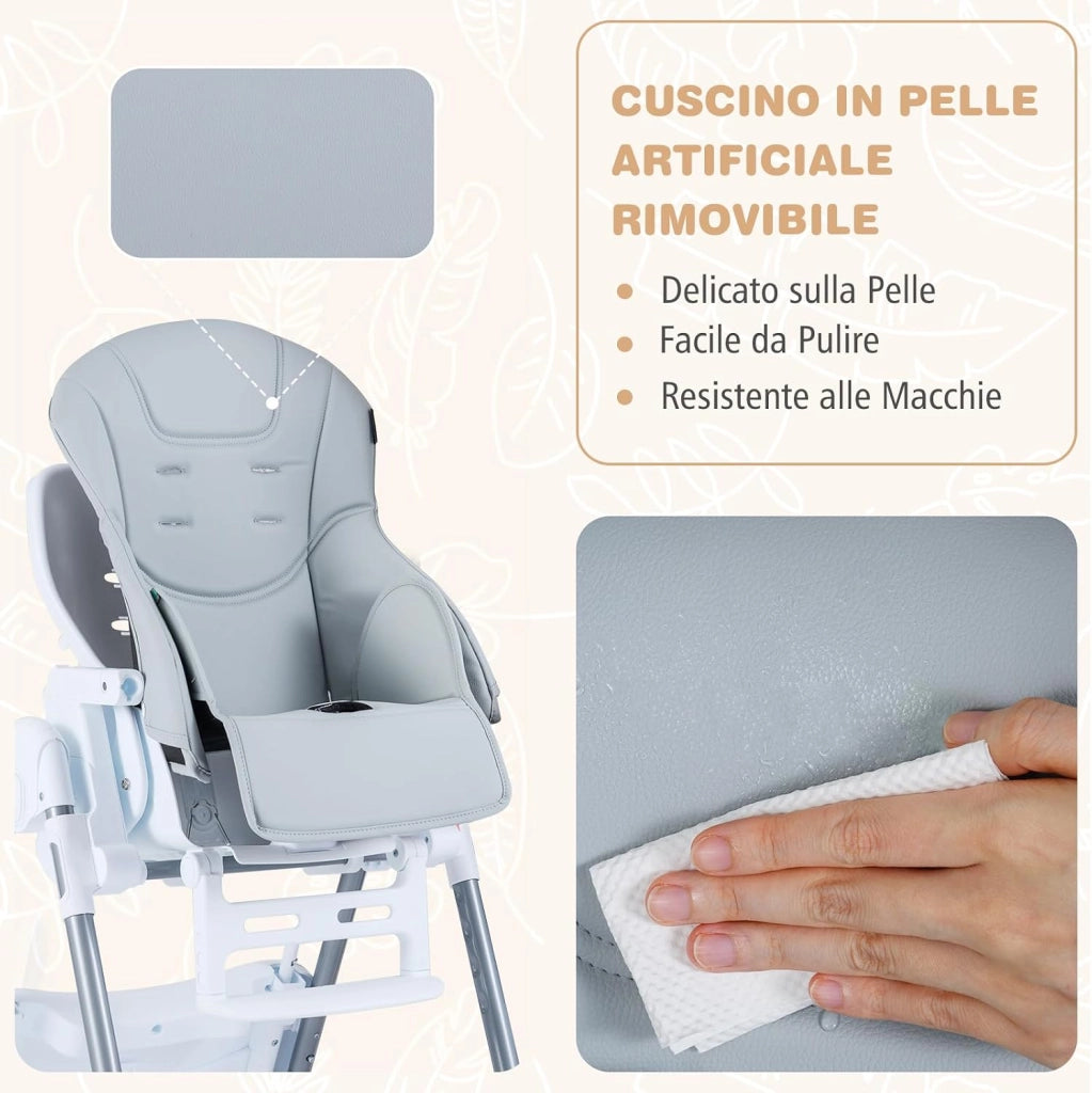 Seggiolone Pappa Portatile, con Altezza Regolabile, Schienale Reclinabile e Vassoio Rimovibile, Seggiolone Evolutivo Pieghevole con Cintura e 2 Ruote, per Bambini 6-36 Mesi (Grigio Chiaro)