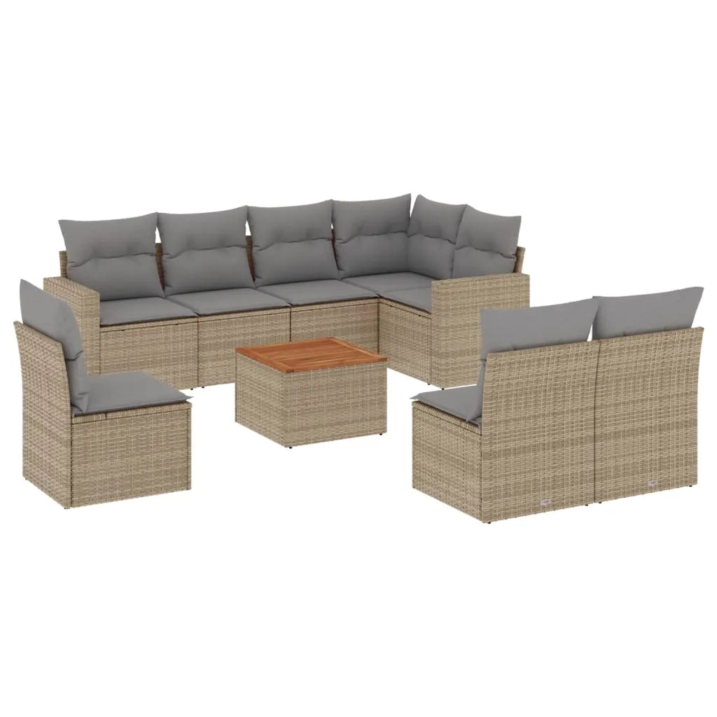 Set Divano da Giardino 9 pz con Cuscini Beige in Polyrattan
