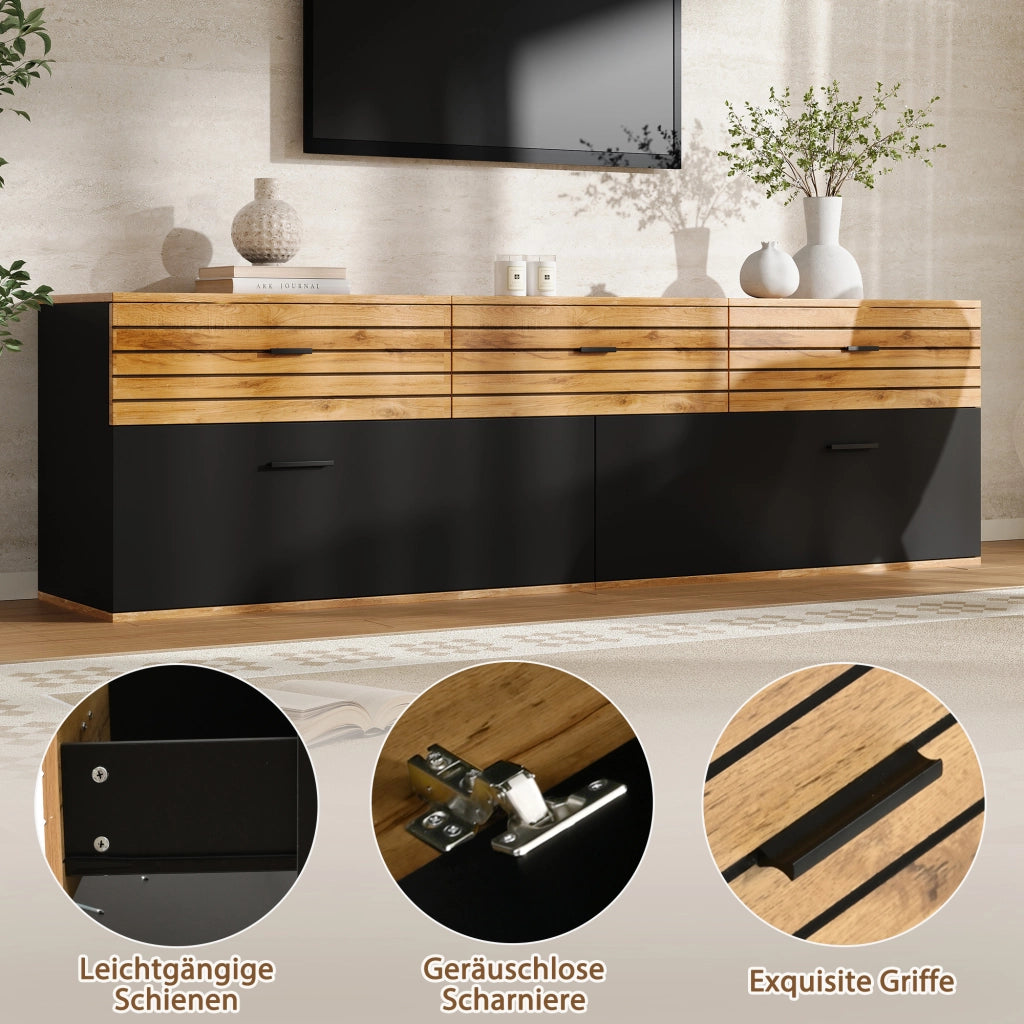 Mobile porta TV con 3 cassetti e 2 ante, 3 vani interni, per soggiorno, per tv fino a 65 pollici, 168 × 38 × 59 cm