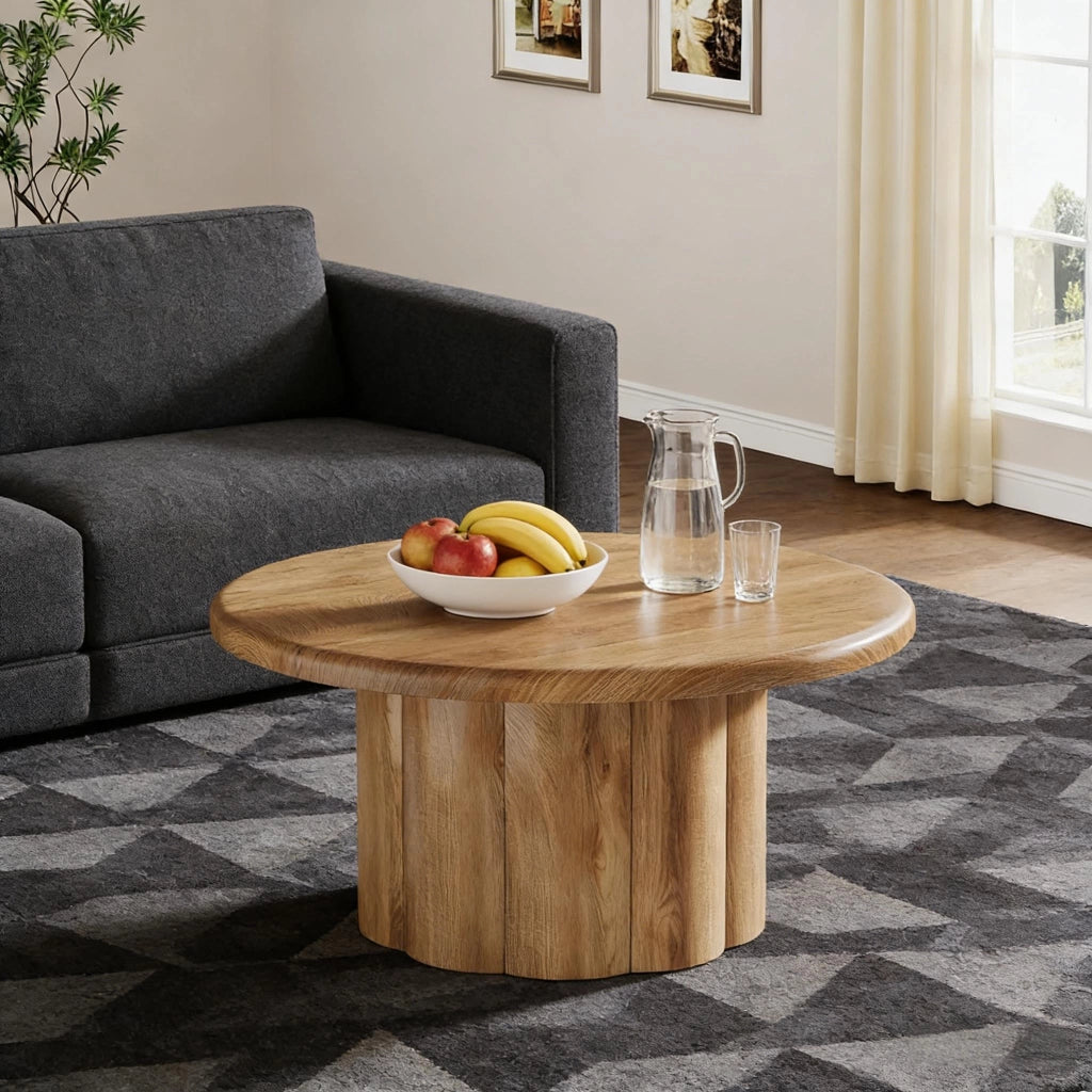 Tavolino da caff¨¨ rotondo ? 80 cm in MDF marrone con base scanalata