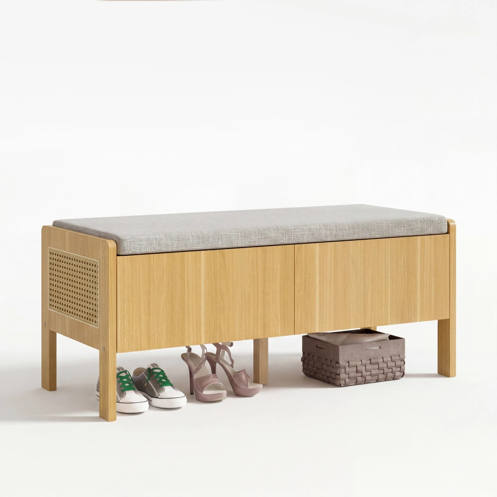 Panca contenitore con seduta, laterali in rattan, 2 cassetti, colore naturale e grigio, 113 ¡Á 45,5 ¡Á 40 cm