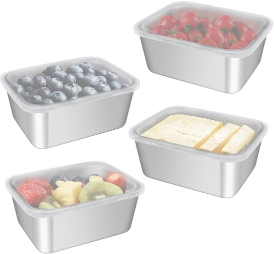 Set da 4 contenitori alimentari in acciaio inossidabile con coperchi, contenitori snack, contenitori alimentari metallici impermeabili per cucine professionali, buffet freezer (13,8 * 10,8 * 5,7 cm)
