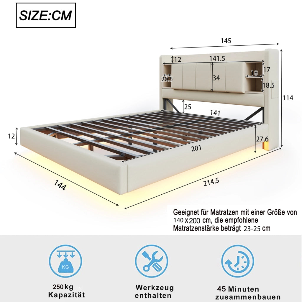 LETTO 140x200 cm Beige con LED e USB
