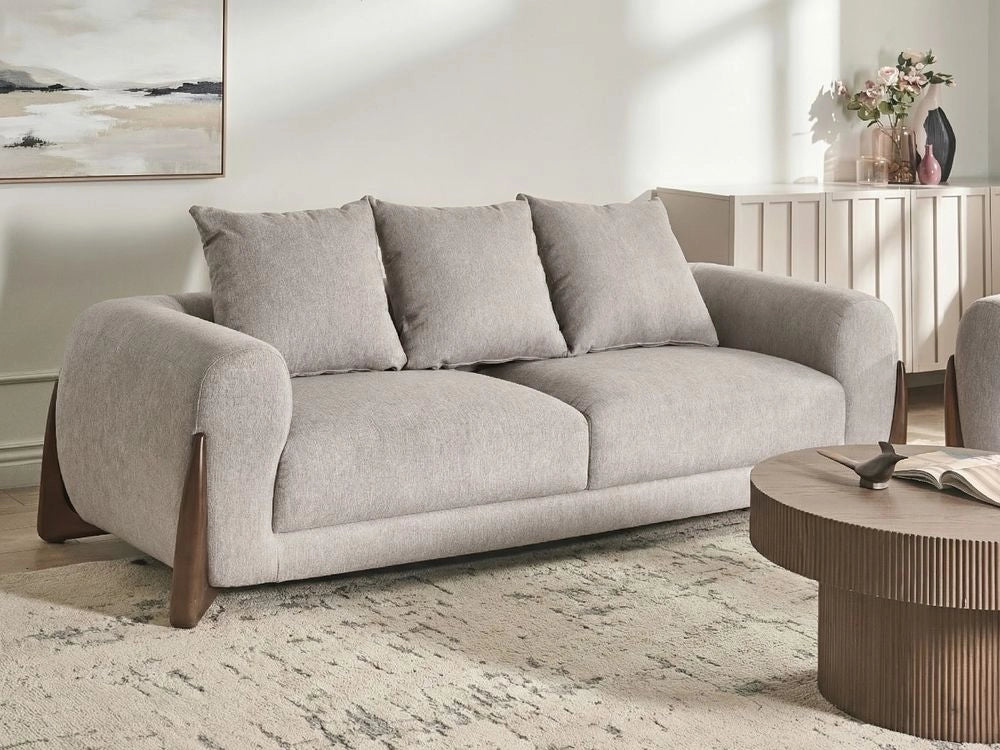 Divano a 3 posti Rivestimento in tessuto tortora Gambe in legno con braccioli Soggiorno Stile moderno