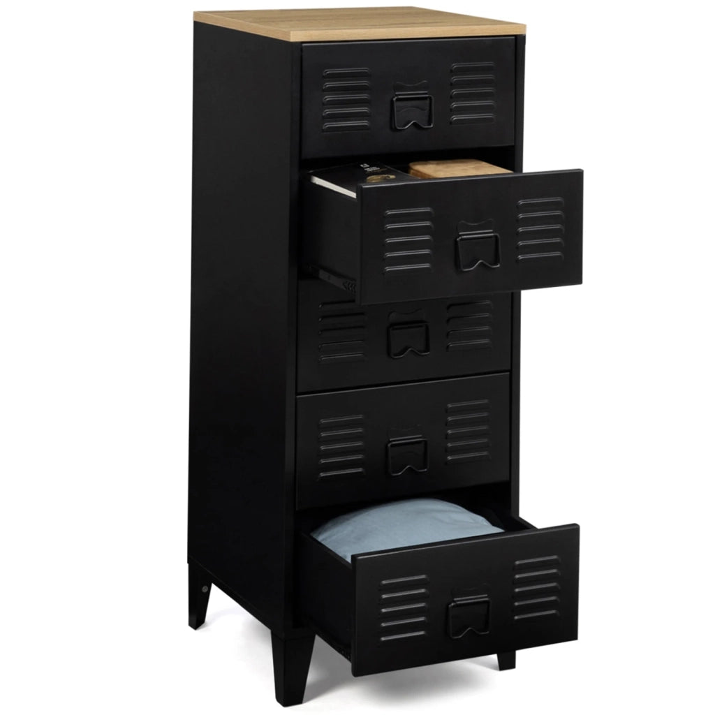 IDMarket - Cassettiera ESTER a 5 cassetti, 40 cm, metallo nero e piano in faggio in stile industriale