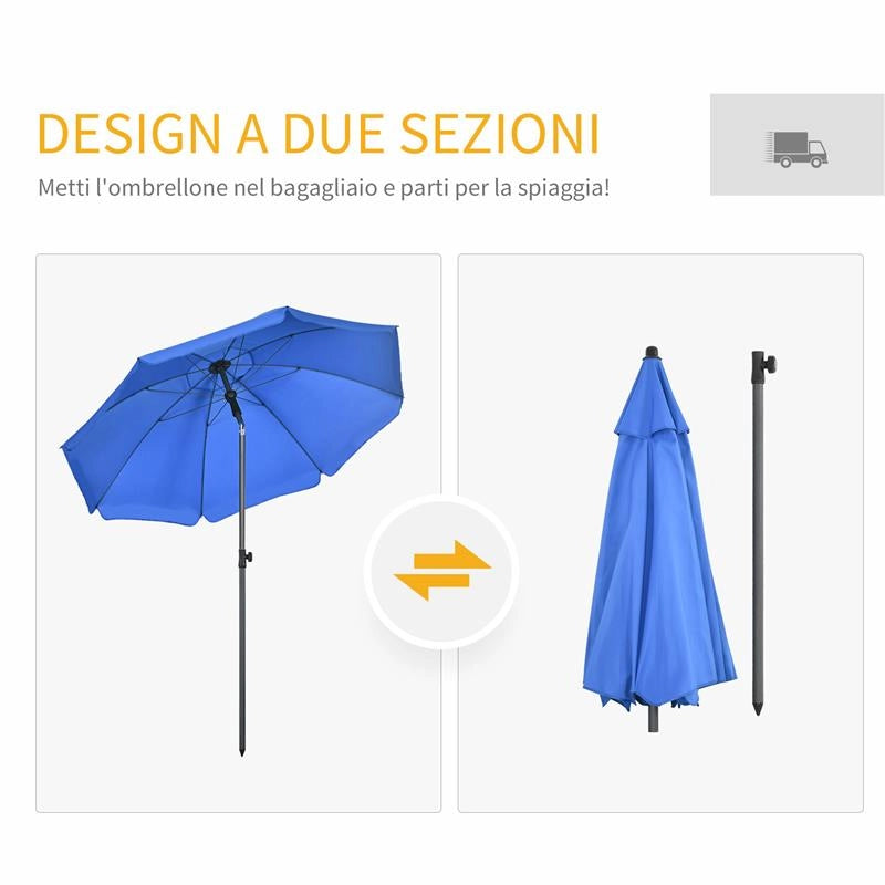 OMBRELLONE DA SPIAGGIA 1.8X2 M CON RECLINAZIONE A 45 E 8 STECCHE POLIESTERE E ACCIAIO BLU