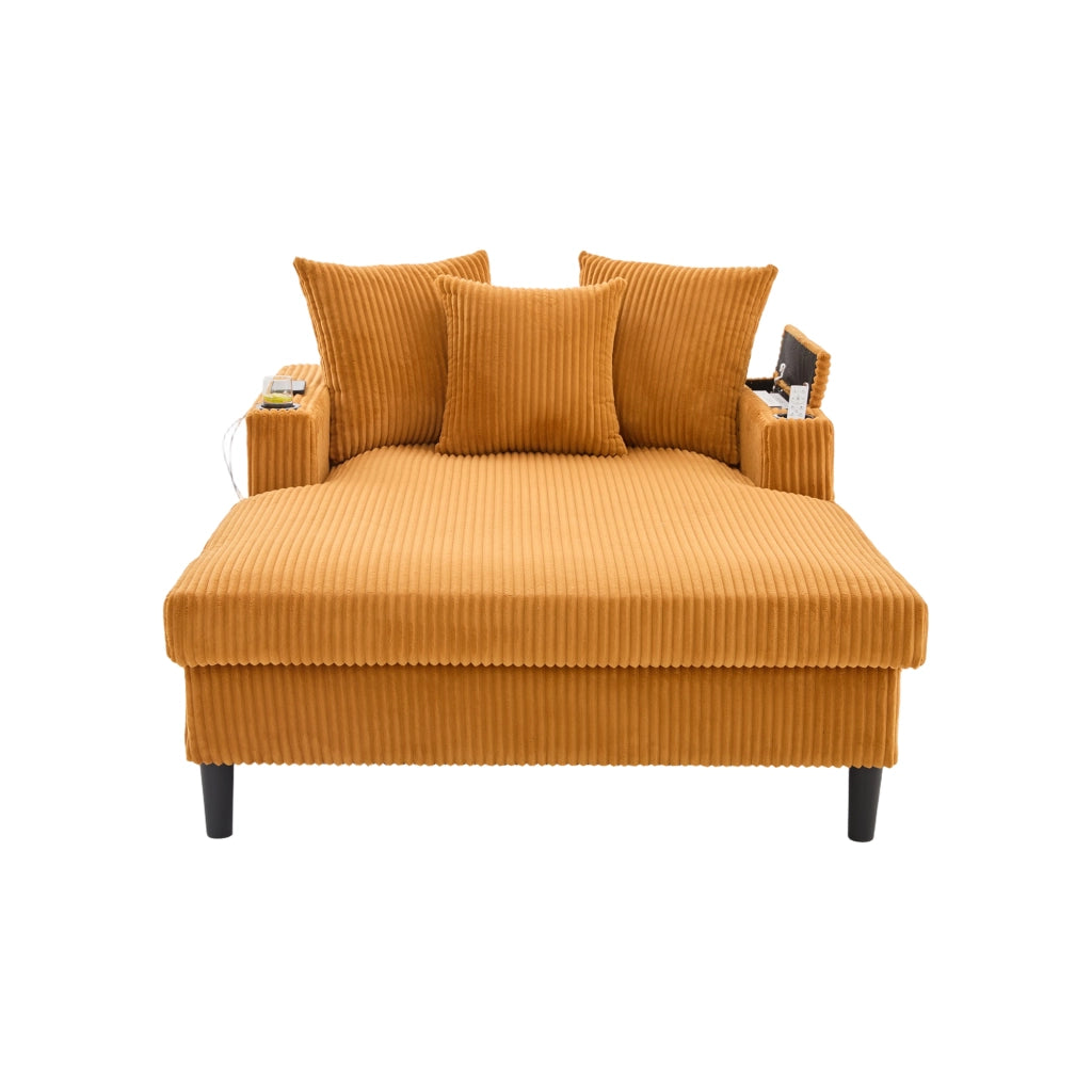 Chaiselongue in velluto a coste con portabicchieri, luce LED, vano portaoggetti e porta USB, giallo senape