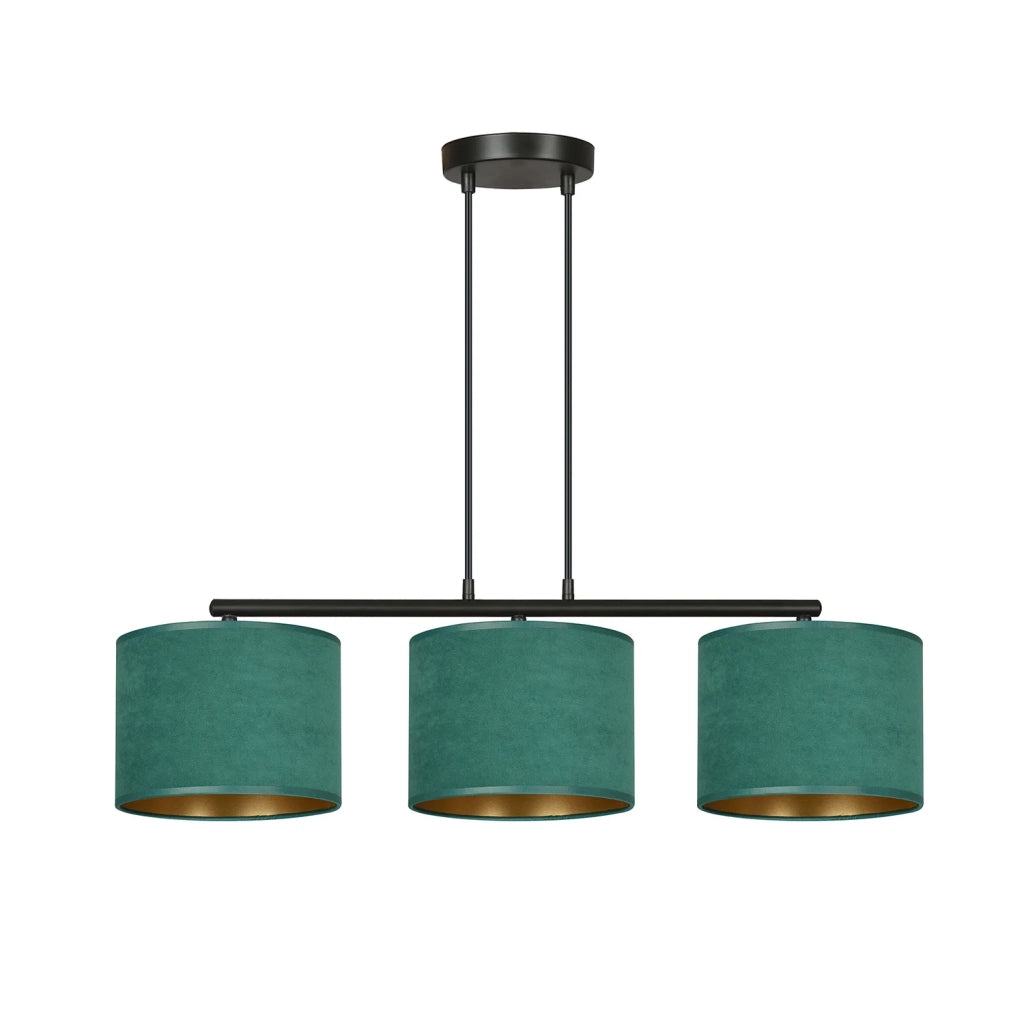 Lampadario 3 Luci Ganesha In Acciaio Nero E Paralumi In Tessuto Verde