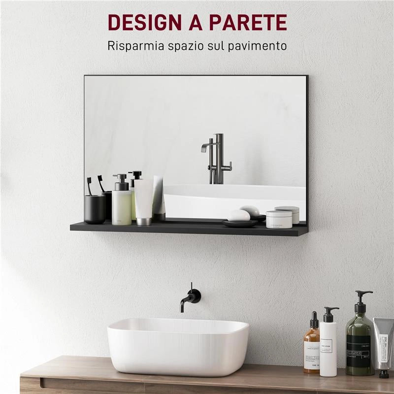 SPECCHIO BAGNO DA PARETE CON MENSOLA DESIGN MODERNO E MULTIUSO, 60X12X40 CM, NERO