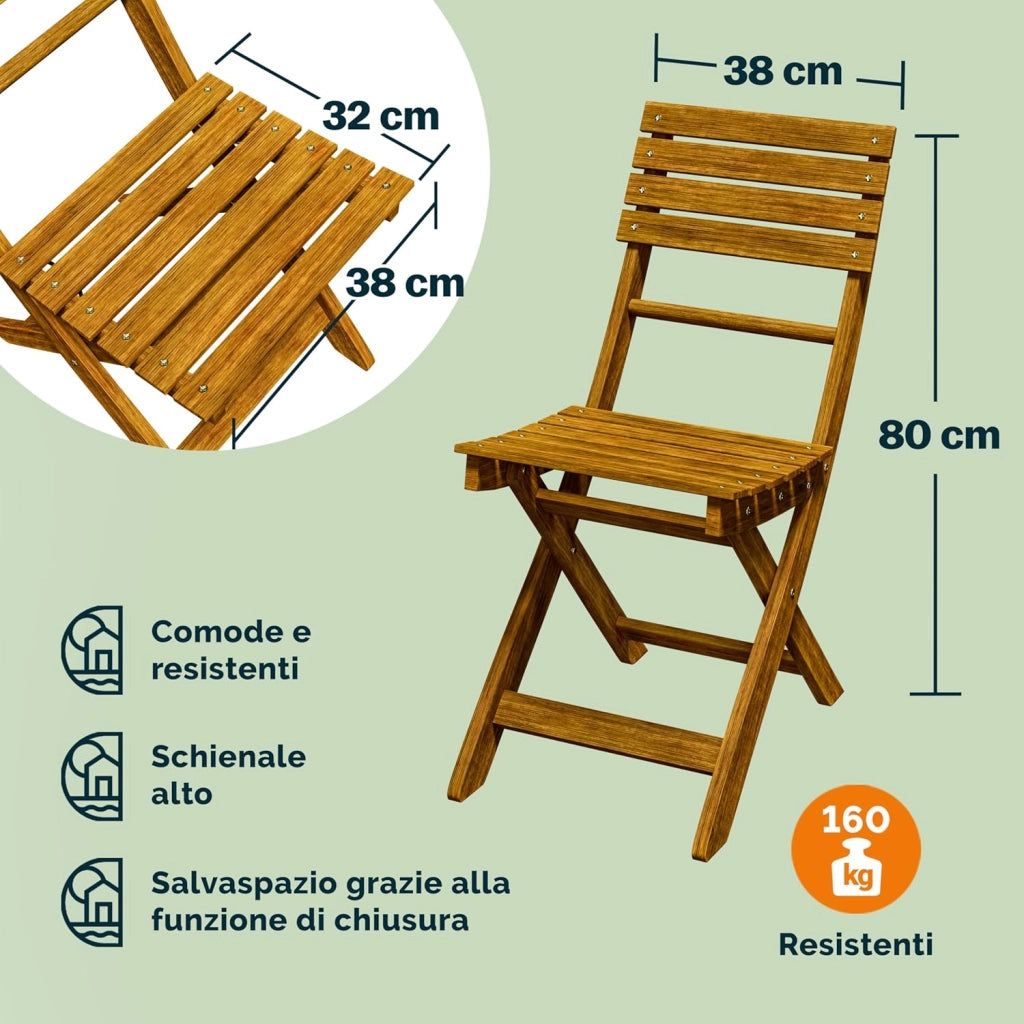 ® Set da balcone per 2 persone, resistente alle intemperie, pieghevole, in legno, 160 kg, con certificazione FSC®, 95 x 117 cm, 3 pezzi, colore marrone