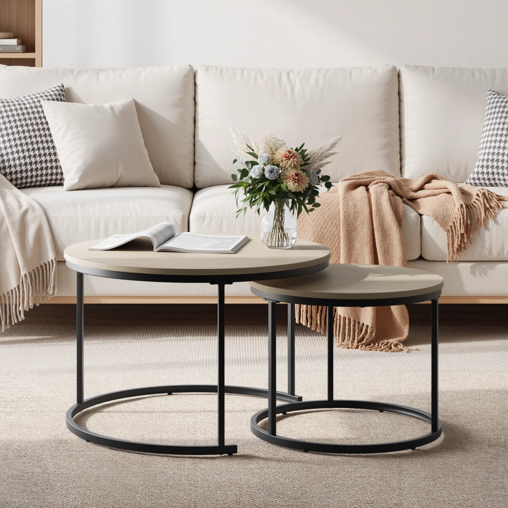 Tavolini bassi impilabili con 2 tavoli rotondi, stile moderno, in metallo e legno ingegnerizzato, rovere e nero