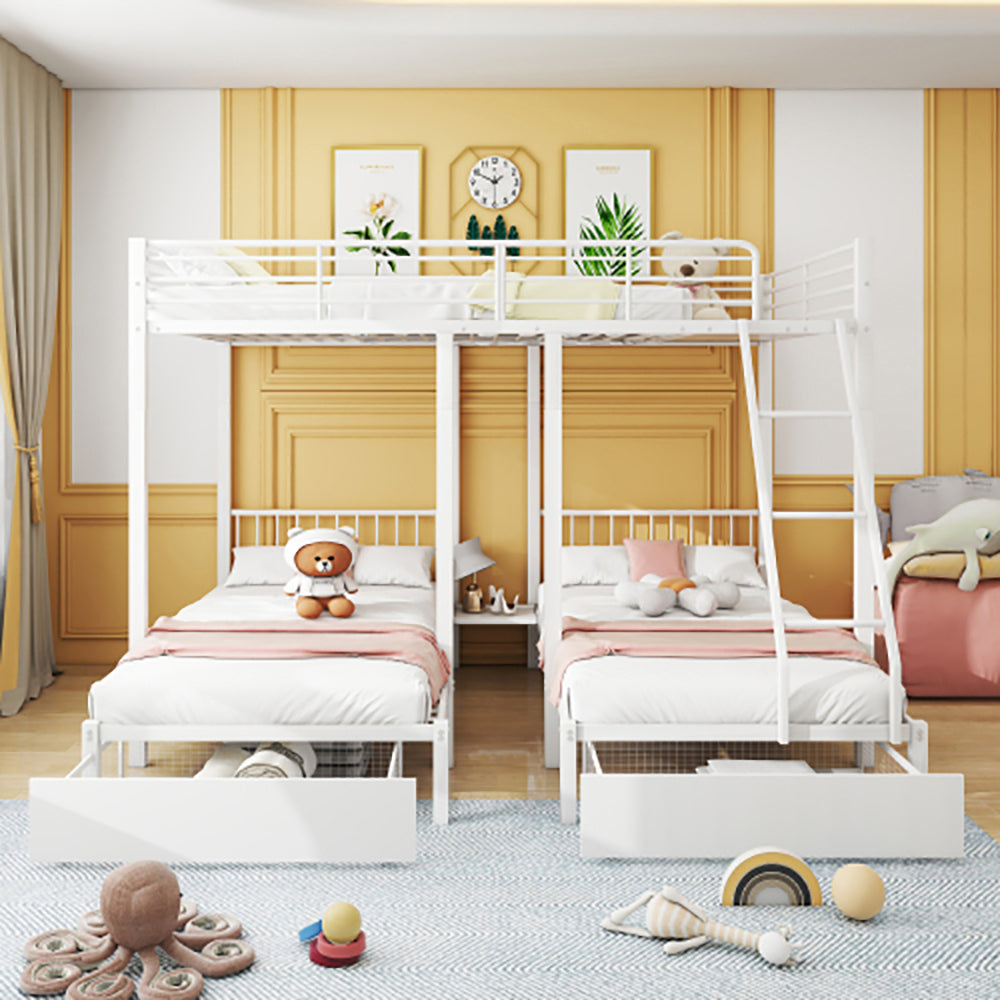 Letto a castello triplo con cassetti - Xylo - 140x200 cm e 90x200 cm - Bianco - Struttura in metallo