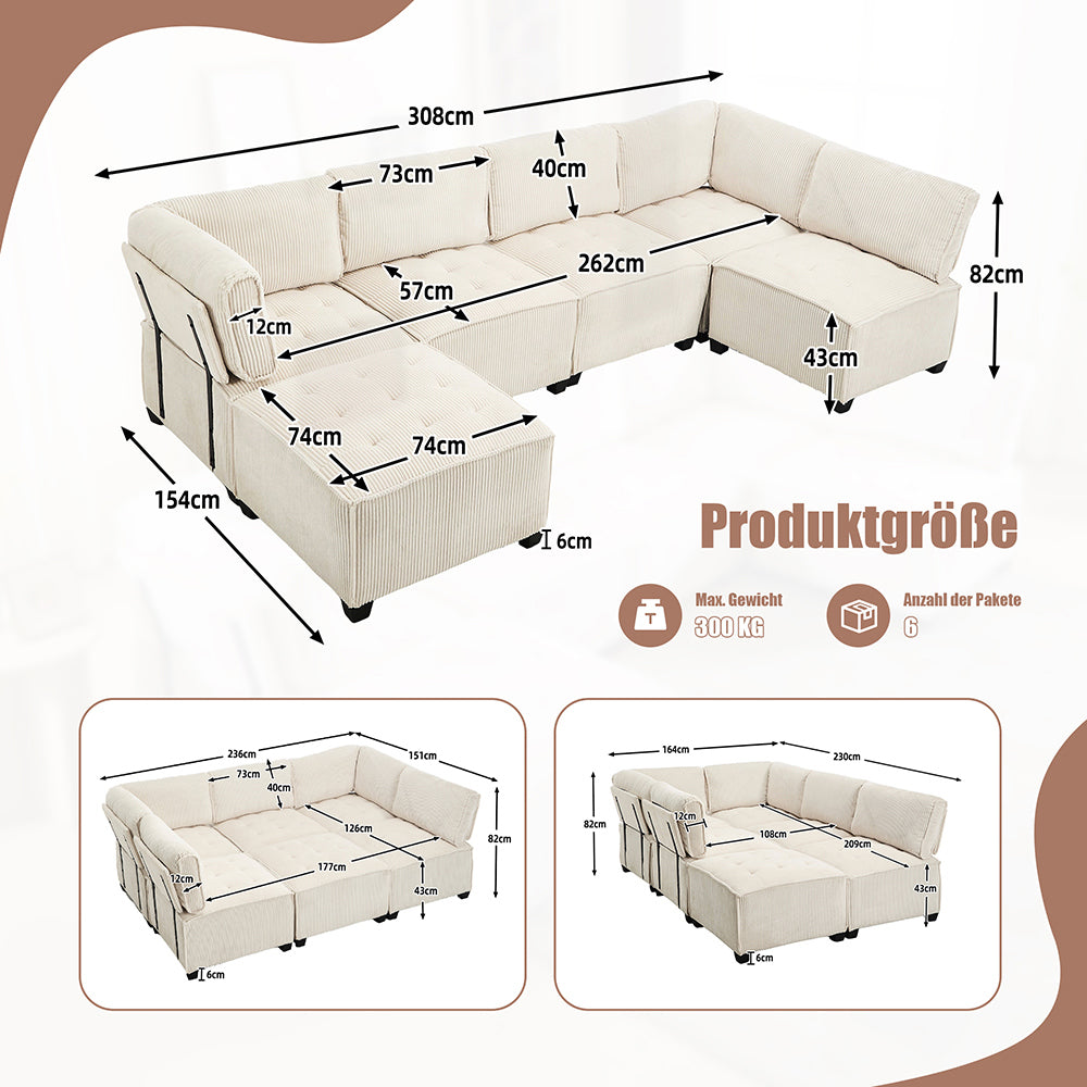 Divano modulare - Xylo - 308cm 6 posti velluto costato con tasche e struttura legno/metallo