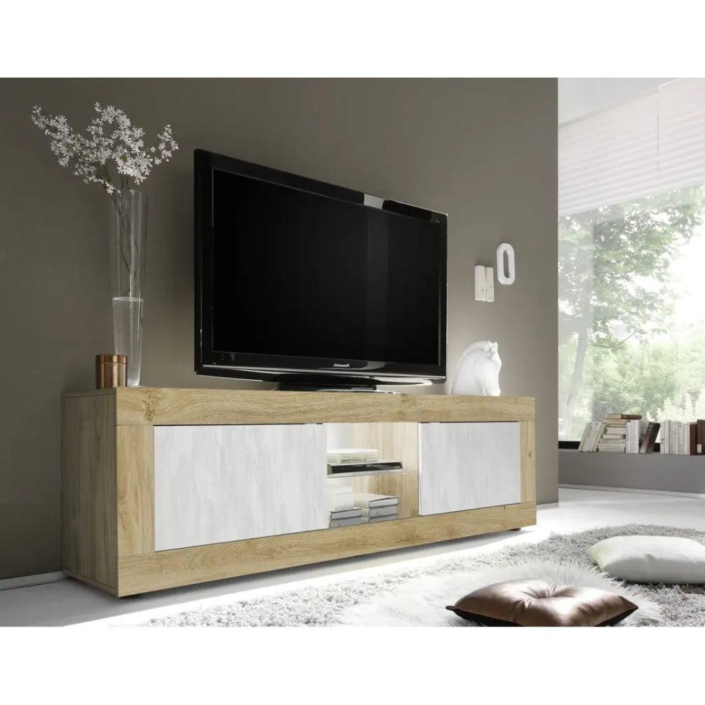 Mobile TV con 2 porte senza illuminazione ACCESS. Colori bianco e rovere chiaro.
