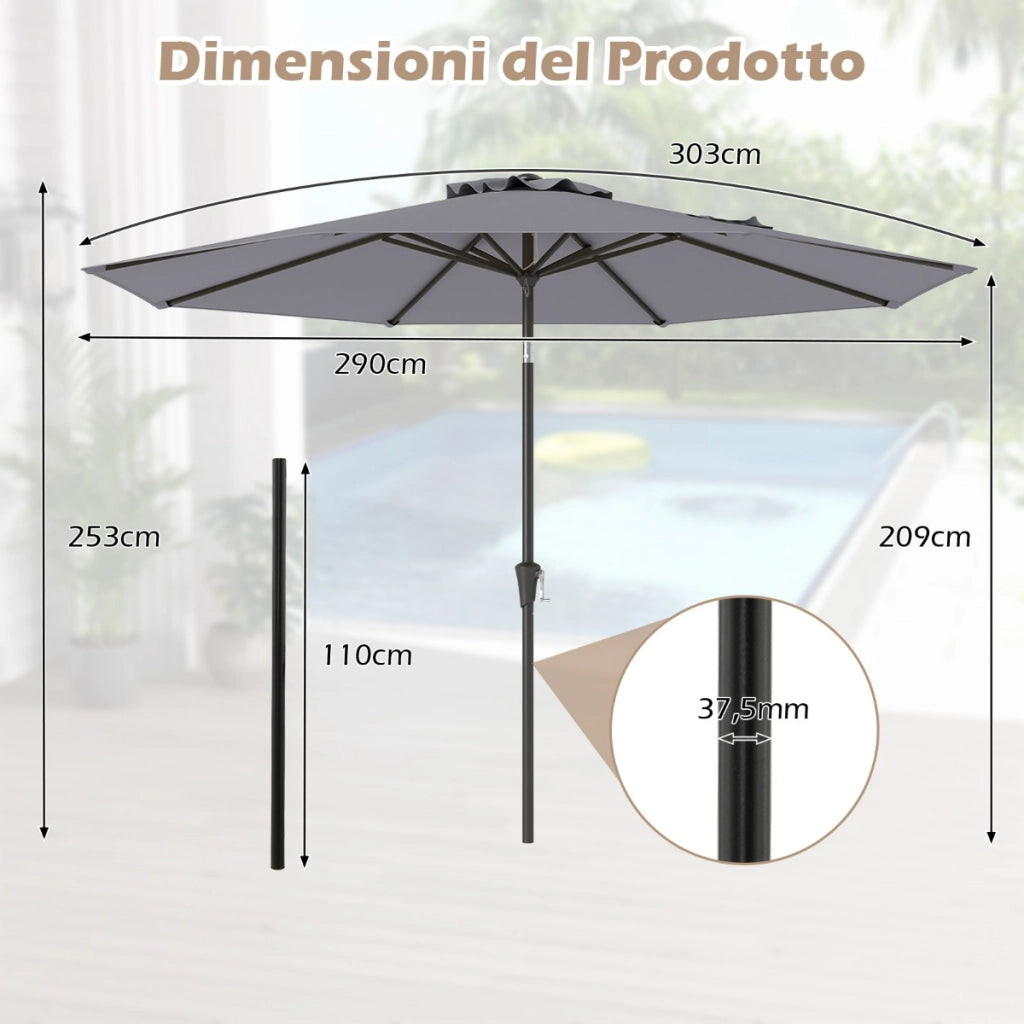 Ombrellone da esterno con manovella 8 stecche robuste, Ombrellone da giardino 300 cm Grigio