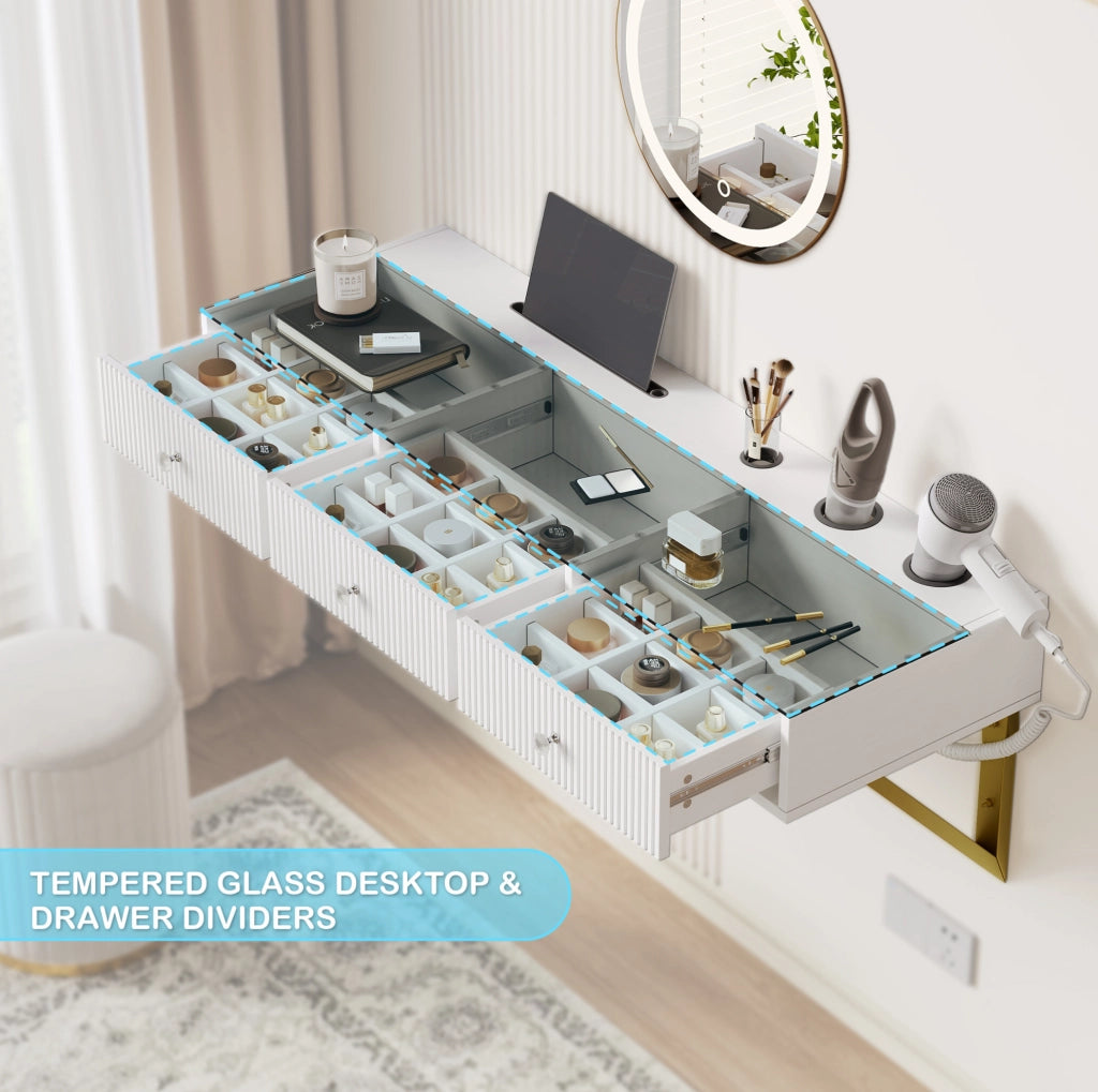 Tavolo da trucco bianco con 3 cassetti e piano in vetro