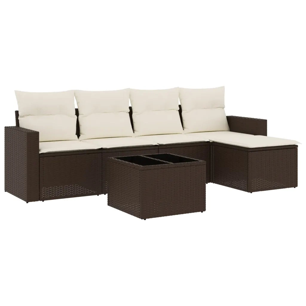 Set Divano da Giardino 6 pz | Set Salotto da Giardino con Cuscini Marrone in Polyrattan