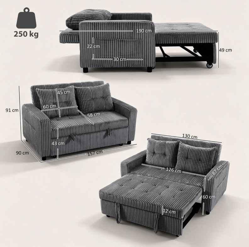 Divano letto 3 in 1 in velluto a coste grigio scuro con schienale regolabile