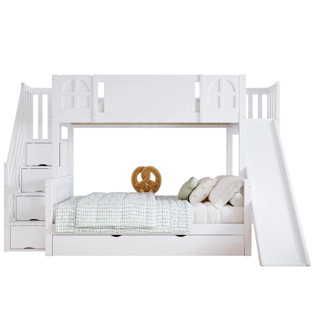 LETTO A CASTELLO con finestra, scivolo e scala contenitore 90x200 cm bianco