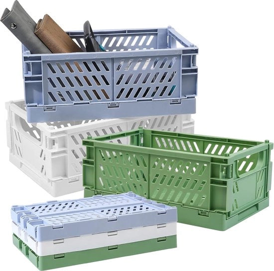 3 cassetti da stivaggio, plastici, contenitori pieghevoli, cassettoni in plastica, contenitori pieghevoli stabili, cassetti da stivaggio, contenitori da ripiegare per scaffale, cucina, bagno, ufficio, azzurro chiaro, verde, bianco