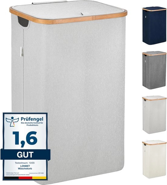 Wascazzo 100L grande - Wascazzo stile con coperchio ad aria ventilata e struttura in legno di bambù stabile - Incluso sacco lavabile e rimovibile - Materiale lavabile - Impermeabile | Grigio chiaro