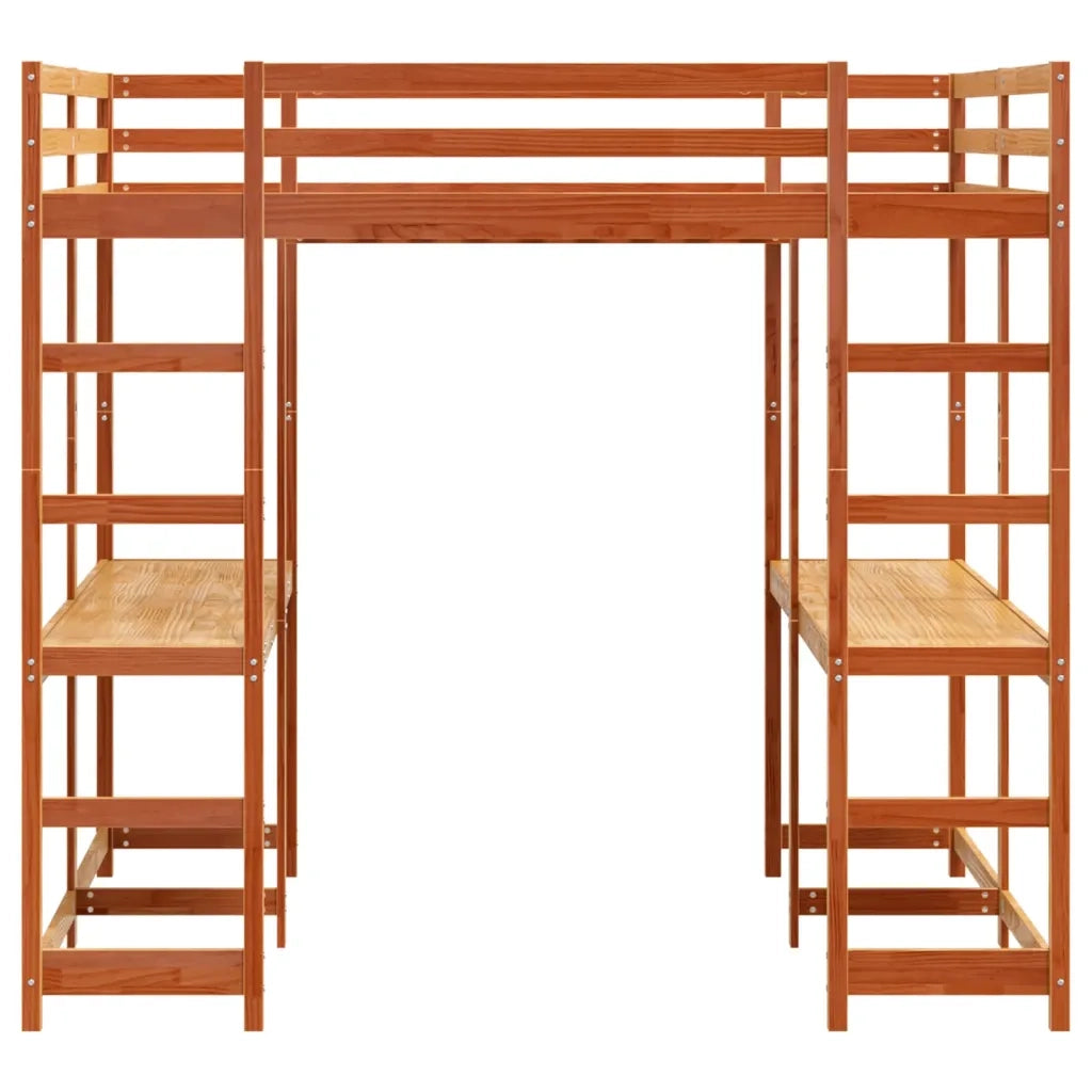 vidaXL Letto Soppalco Scrivania e Scala Marrone Cera 160x200cm Pino