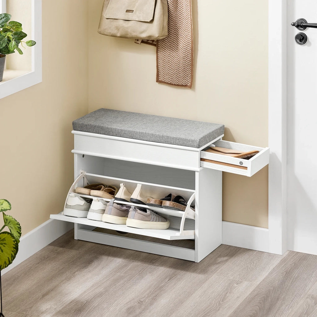 SoBuy FSR82-K-WG Scarpiera Salvaspazio Slim con Seduta Panca Scarpiera da Ingresso Contenitore in Legno Mobile Scarpiera Ingresso per Scarpe, 61x24x51cm Effetto Legno Invecchiato Bianco