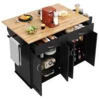 Isola cucina moderna con piano di lavoro pieghevole, spazio di conservazione multifunzionale e ruote, 106×50×90,5 cm, Nero