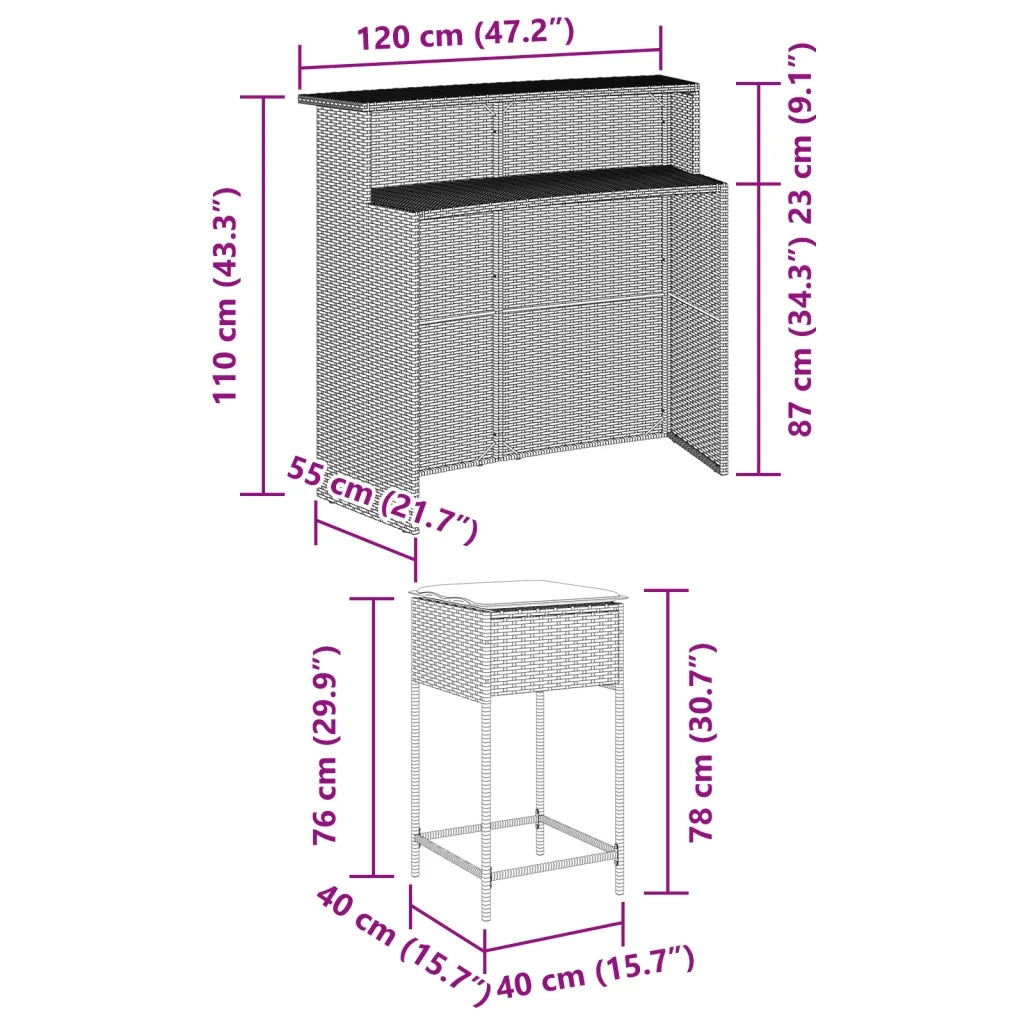 Set Bar da Giardino 3 pz | Set Salotto da Giardino con Cuscini in Polyrattan Marrone