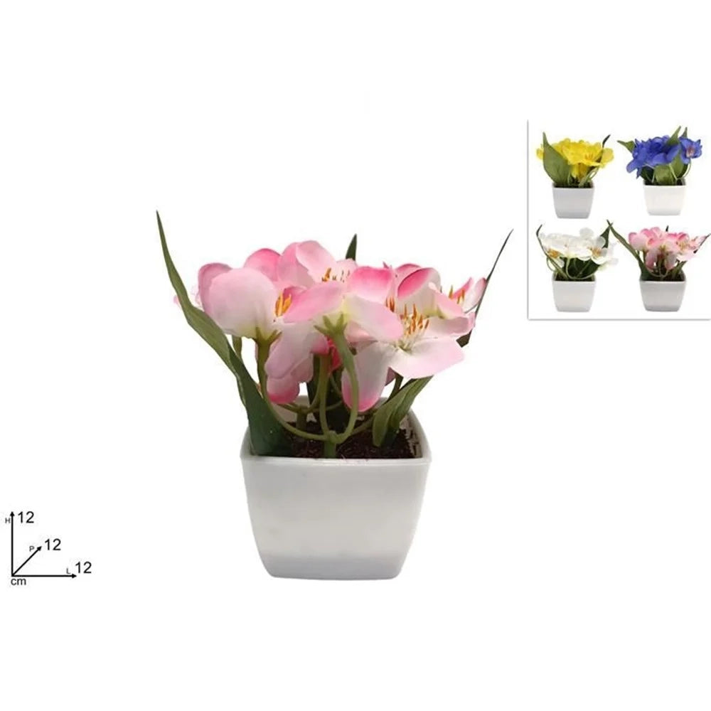 Trade Shop - Set 12pz Piantina Fiori Di Campo Artificiale Con Vaso Bianco Quadrato In 4 Colori 659236 -