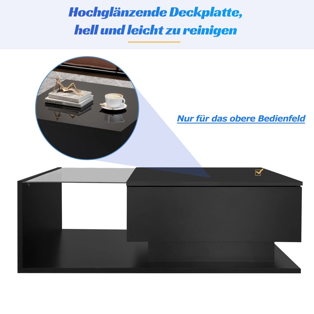 Tavolino da caffè 1 cassetto con LED e piano in vetro per soggiorno, nero, 100 × 50 × 32 cm