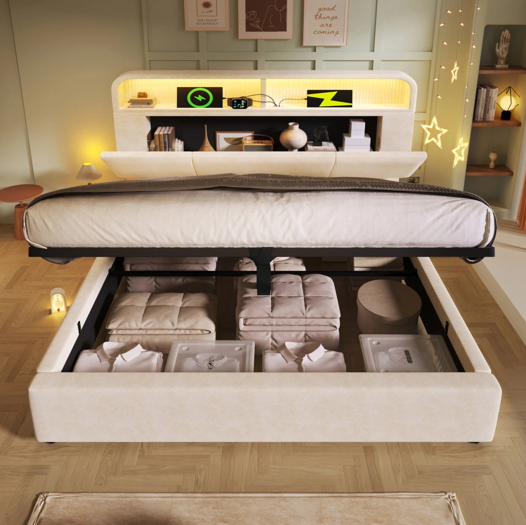 Letto 180x200 cm con contenitore; LED e stazione di ricarica in velluto beige