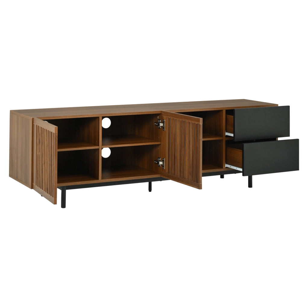 Mobile TV 160 cm con ante a doghe; 2 cassetti e vani aperti; MDF nero/naturale