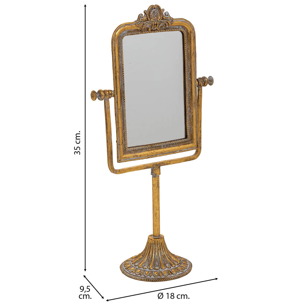 Specchio cosmetico in resina con supporto dorato 18x9,5x35h