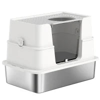 Lettiera per Gatti in Acciaio Inox XL con Coperchio Ribaltabile Laterale Alto Pala Facile da Pulire Antifughe Grigio Chiaro