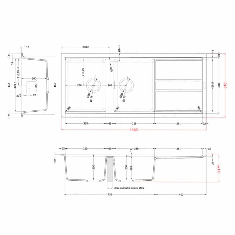 Lavello Elleci Incasso 2 vasche 116x51 Best 500 Granitek Espresso Marrone LGB50078