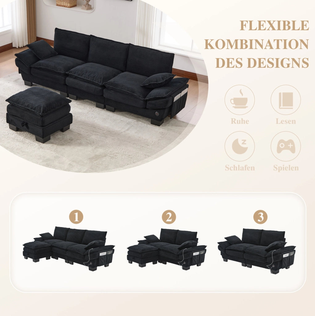 Divano modulare a 3 posti con pouf contenitore; in corduroy nero; 260 cm; con USB-C
