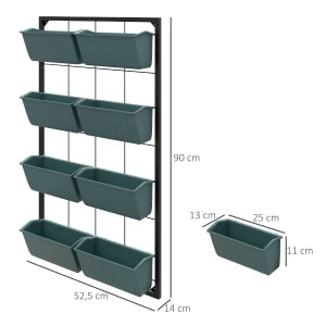 Portapiante da parete con 8 vasi, struttura in acciaio, nero, 52,5 x 14 x 90 cm