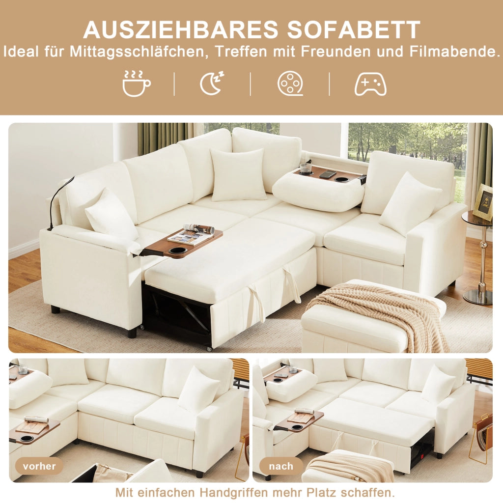 Divano angolare convertibile con letto estraibile, lampada da lettura e pouf contenitore in chenille beige 205 × 205 × 85 cm