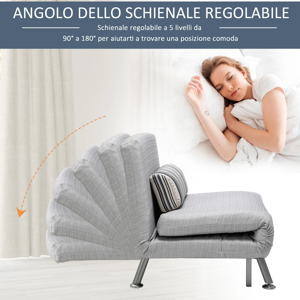 EasyComfort Poltrona Letto Singolo 3 in 1 con Schienale Reclinabile su 5 Livelli, Cuscino Imbottito e Materasso, Divano Letto Singolo Pieghevole per Soggiorno, in Acciaio e Lino, 75x70x75cm, Grigio Chiaro