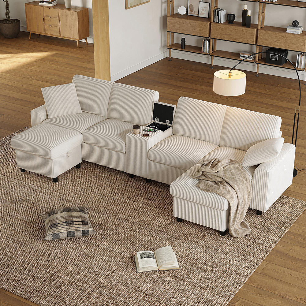 Divano a U in velluto - Xylo - Con 2 poggiapiedi, USB, Type-C, beige (315cm)