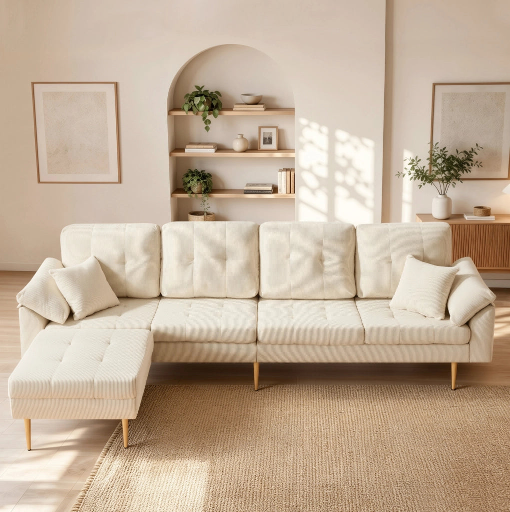 Divano 4 posti 250x70x87 cm con pouf separato configurabile a L; velluto a coste beige chiaro
