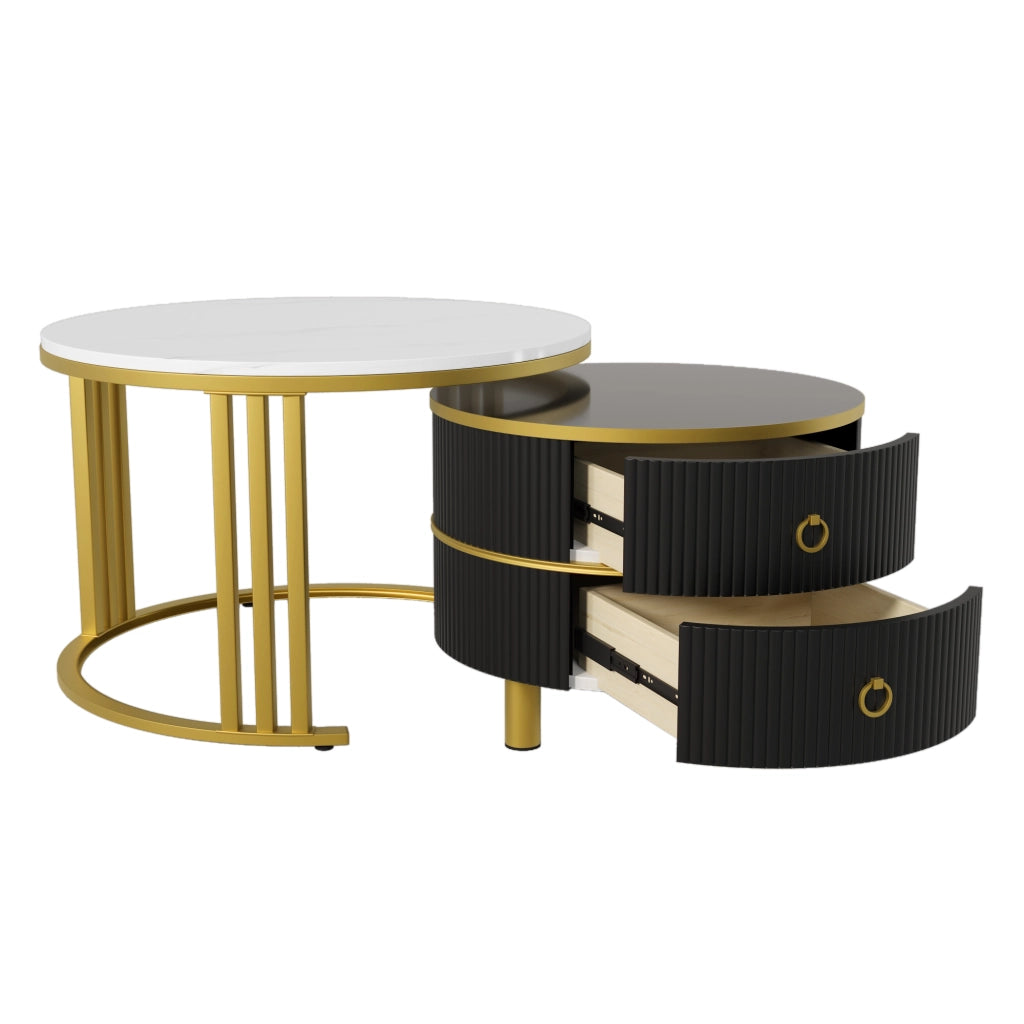 Tavolini da caffè nido rotondi con 2 Cassetti; Piano Lucido ed Effetto Marmo; Stile Moderno; in MDF; Nero; 70×70×46 cm