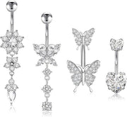 4 set di piercing per navello in acciaio chirurgico 10 mm e 12 mm con perle e strass - anello navello a forma di farfalla in titanio per donne
