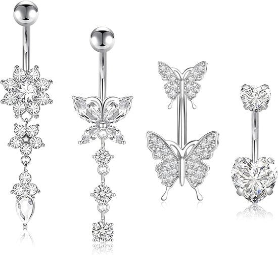 4 set di piercing per navello in acciaio chirurgico 10 mm e 12 mm con perle e strass - anello navello a forma di farfalla in titanio per donne