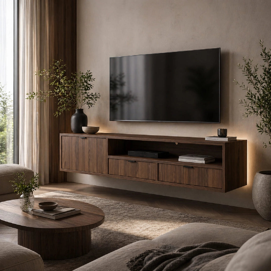 Mobile TV Sospeso Moderno Per Soggiorno Con 1 Anta A Ribalta 2 Cassetti Vano A Giorno Con Passacavo Struttura In Melaminico Design Contemporaneo 150 X 35 X 40 Cm Noce